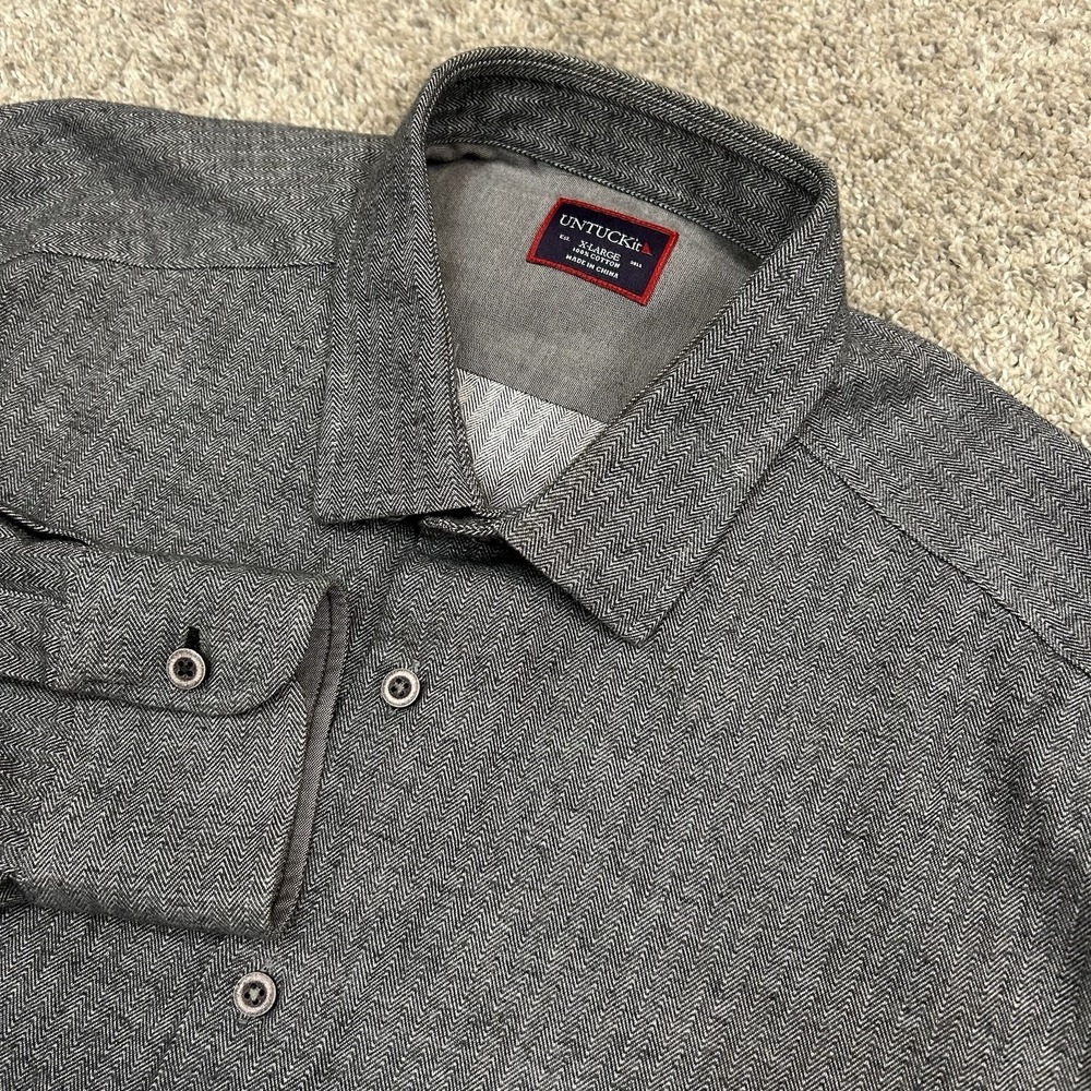 UNTUCKit Shirt Mens XXL Gray Herringbone Button Up Long Sleeve Cotton Twill